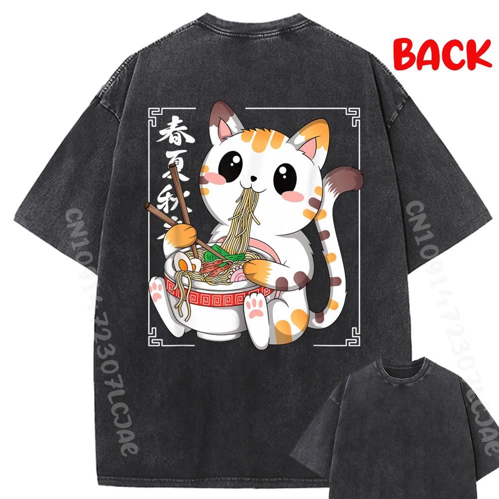 Funny Japanese Anime Cat Ramen Noodles Manga Kawaii Men Boys Tops & Tees Washed Mens Graphic Tshirts T Shirt Man