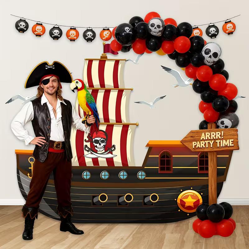 Adventurous Pirate Ship Tapestry, Cartoon Galleon with Striped Sails and Skull Flag Background Cloth, Fun Party Wall Art