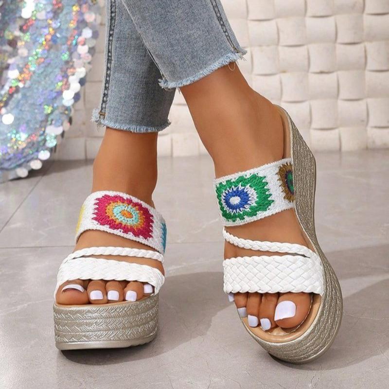 Fashion Ethnic Woven Wedge Slippers for Women Retro Embroidery Chunky Platform Slides Female Fashion 2025 Daily Non Slip Sandal Mujer
