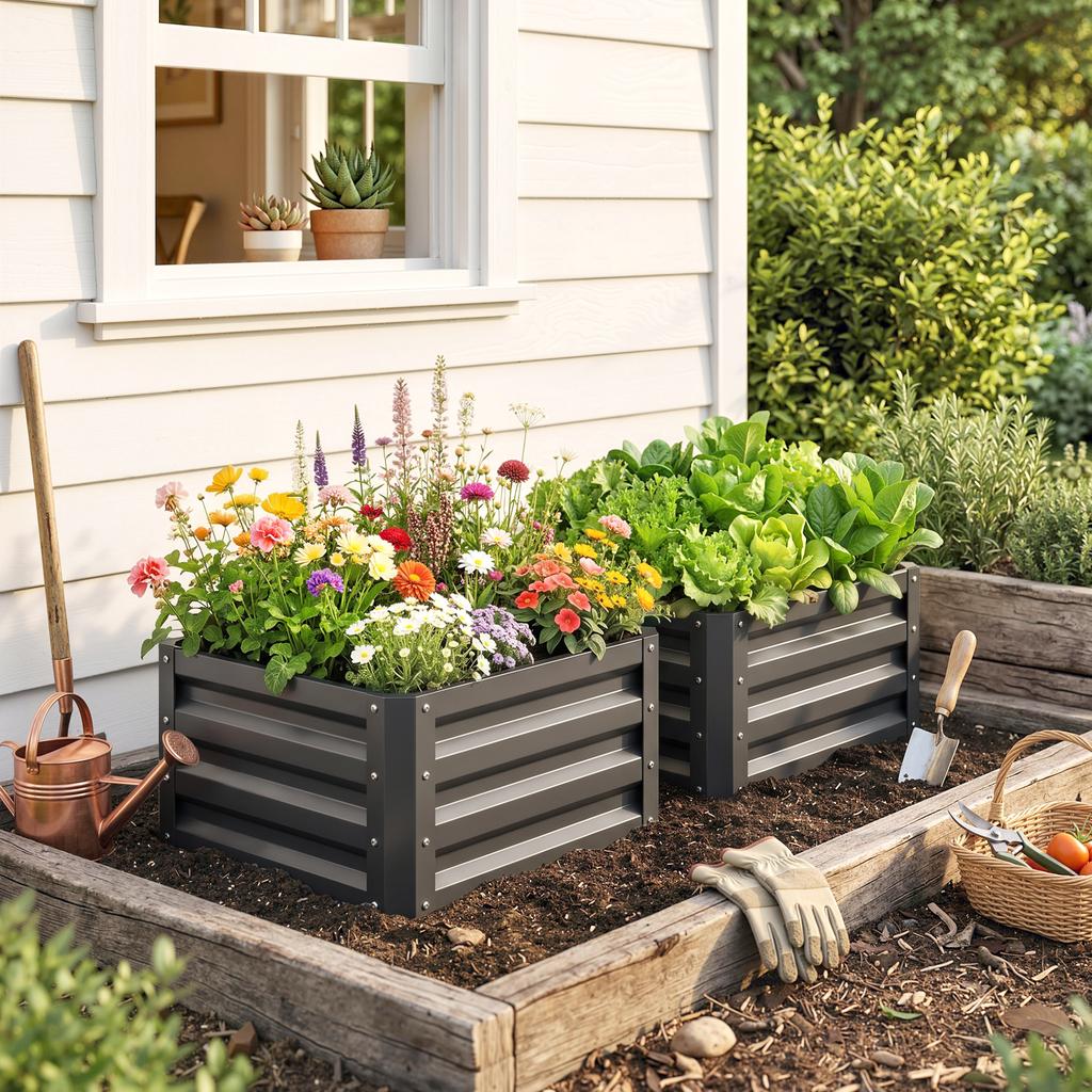 Set of Two 60 X 60cm Steel Planter Boxes - Grey