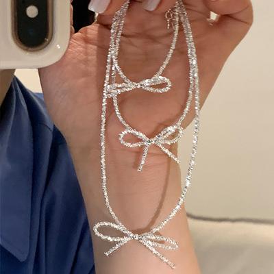 Super Fee Feiner Glitzer Silber Schleife Halskette Damen Leichter Luxus Elegant Süßes Temperament Mode Vielseitig Halskette Schlüsselbeinkette