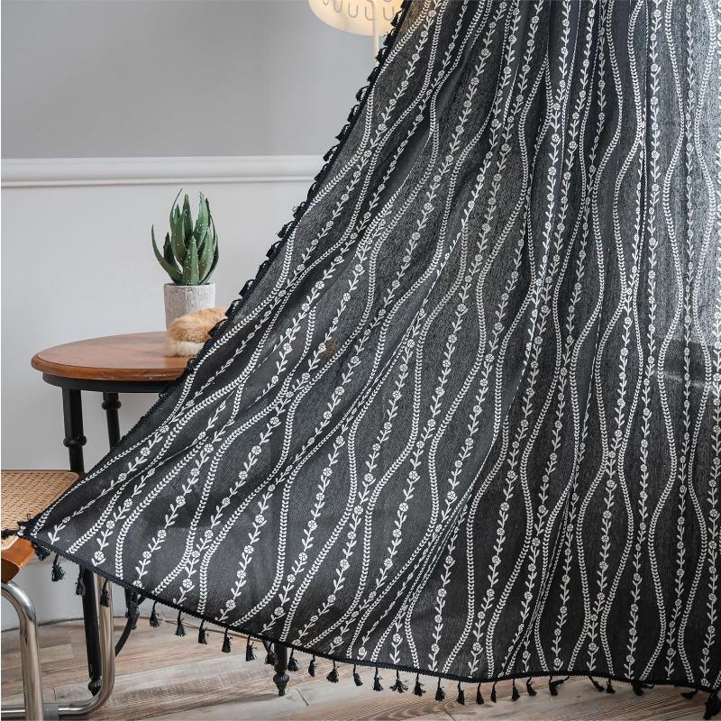 Stripe Floral Boho Curtains for Bedroom Living Room, Bohemian Vintage Tassels Window Treatment Drape for Home Decorations Rod Pocket,1pc