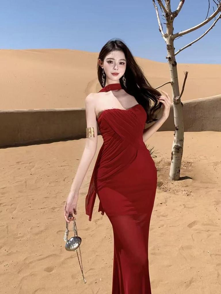 French temperament socialite beautiful fishtail long dress mesh tube top dress women's high-end seaside vacation beach dress