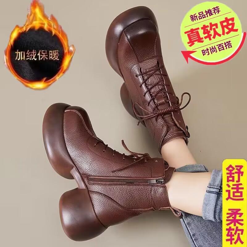 2025 autumn and winter soft leather retro solid color zipper boots plush short tube middle heel fashion boots thick heel mother shoes round head