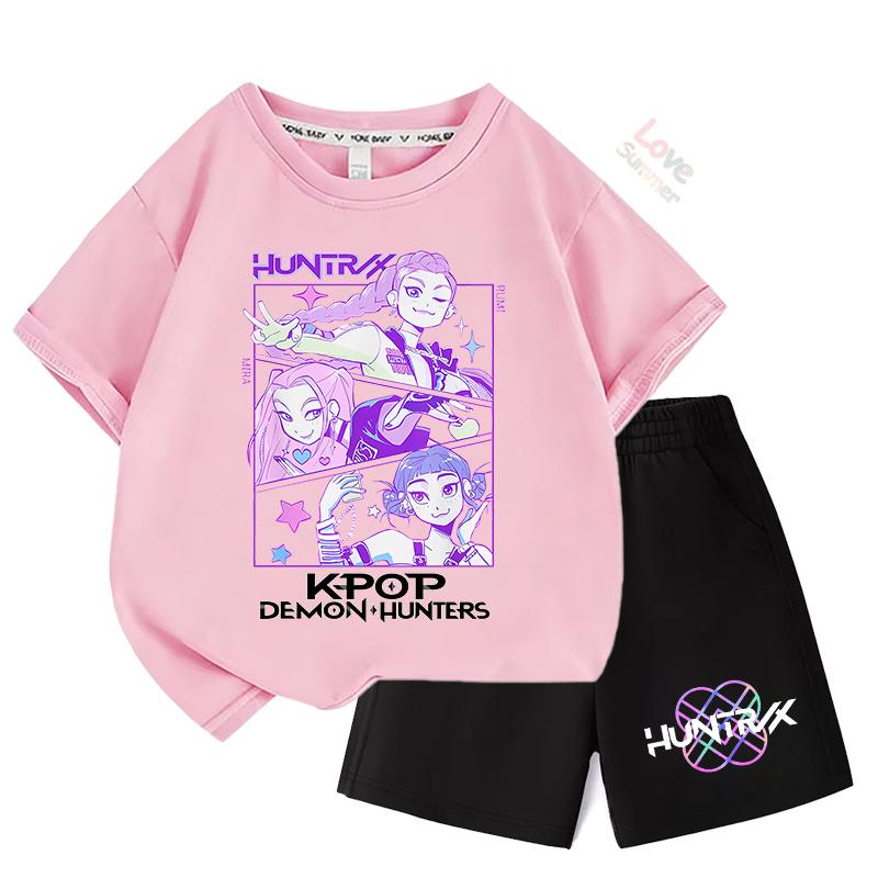 Sommer-T-Shirt-Set Kinder Oberteil Mädchen KPop Huntrx Devil Hunter Mädchengruppe Bedruckt Kurzarm Shorts Zweiteiliges Set