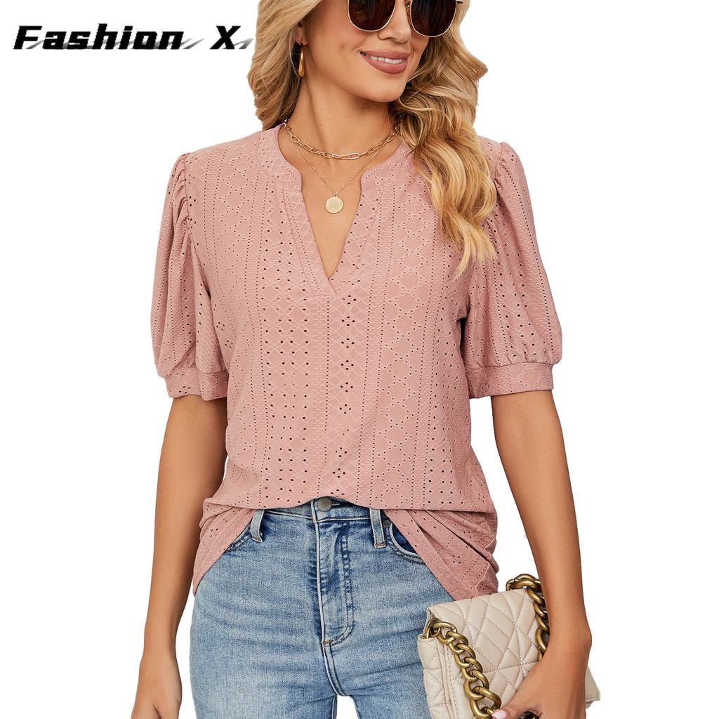 Europe and The United States 2024 Summer Casual V-neck Solid Color Hollow Bubble Sleeve Loose T-shirt Blouse Female