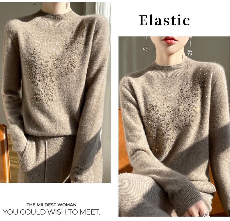 Thick Sequin Leaf Knit Sweater for Women - Autumn/Winter Half-High Collar