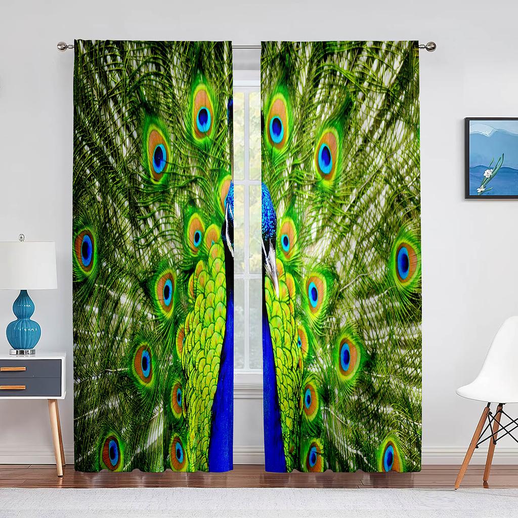 Peacock Green Feathers Birds Animals Skin Tulle Curtains for Living Room Bedroom Decoration Chiffon Sheer Voile Window Curtain