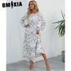 GMXIA Spring Summer Bohemian Women Maxi Dress Casual Long Sleeve High Waist Beach Dress Women Floral Chiffon Dresses Vestidoes Mujer New
