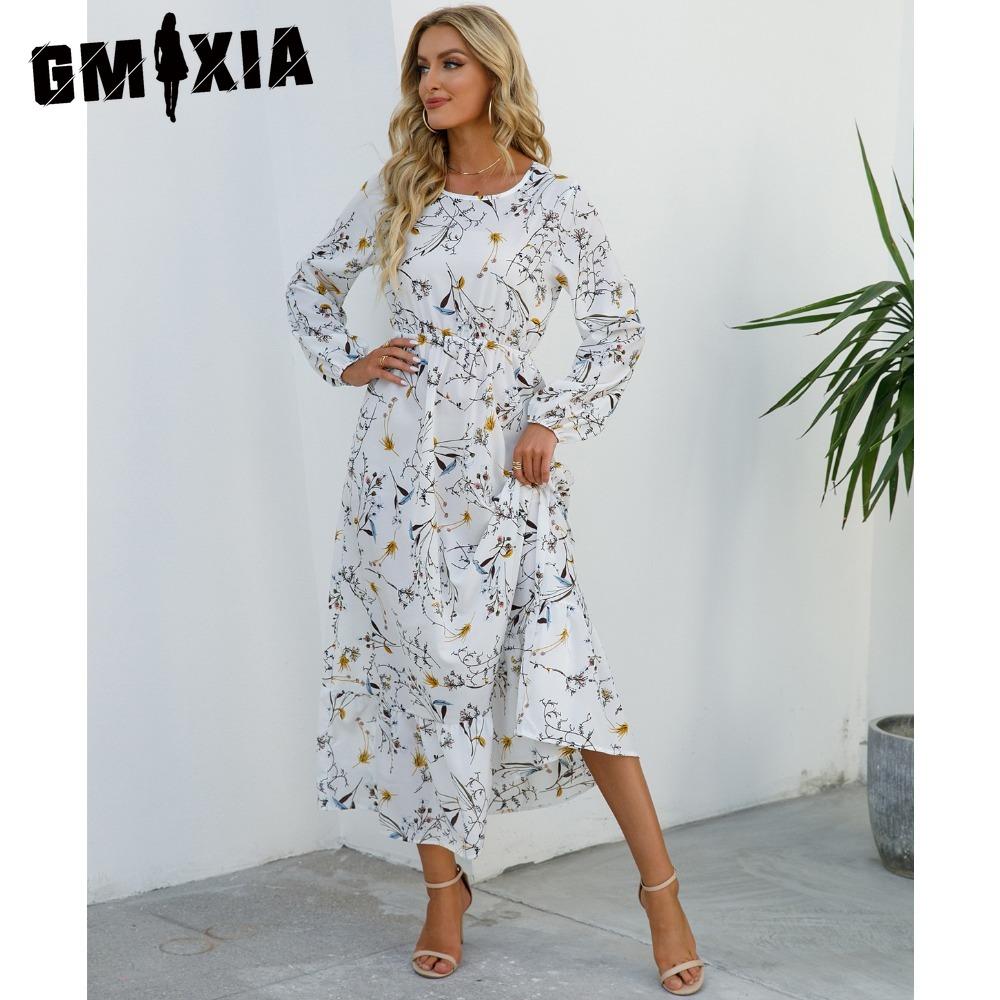 GMXIA Spring Summer Bohemian Women Maxi Dress Casual Long Sleeve High Waist Beach Dress Women Floral Chiffon Dresses Vestidoes Mujer New