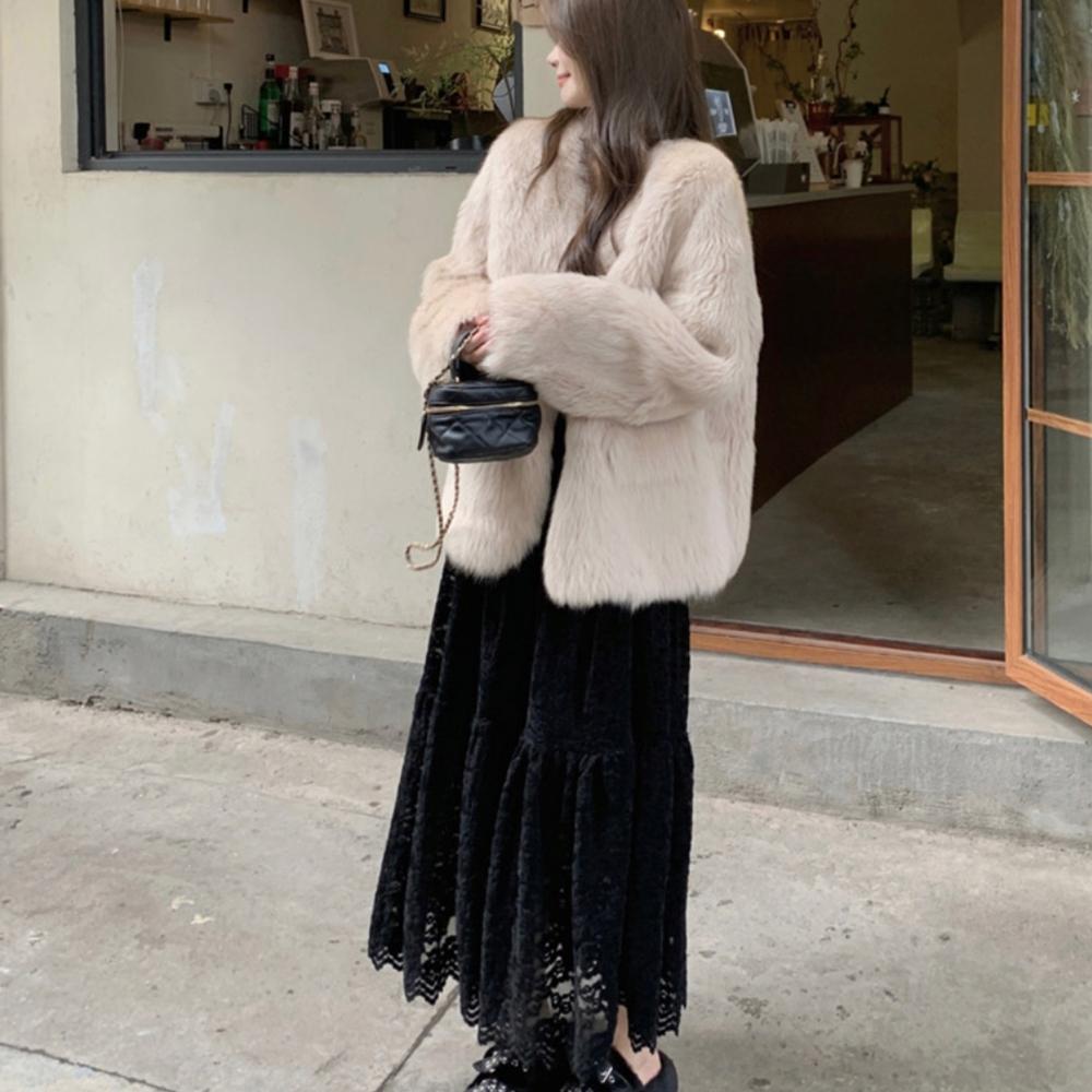 Fleece-Lined Lace Tiered Long Skirt – Cream/Black, From Korea