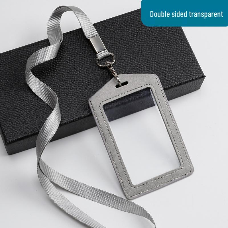 Genuine Leather Double-Sided ID Card Holder with Transparent Windows and Lanyard