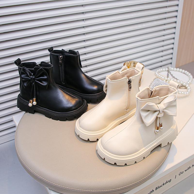 Girls Leather Boots with Big Sweet Bows Kids Ankle Boots Round Toes Soft Sole Autumn Children Princess Short Boots Elegant