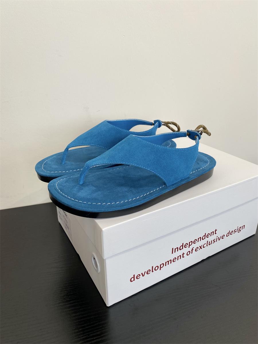 

Luo Fansen~ 2025 summer new soft leather clip finger niche flat bottom minimalist retro vacation beach flip-flops 40 синий