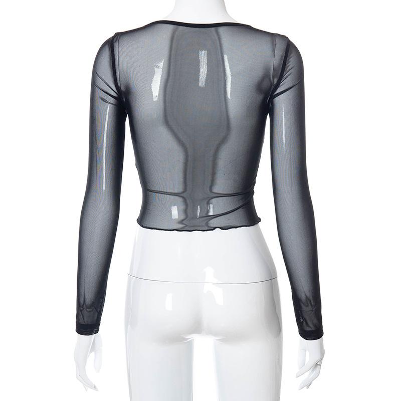 Moda Dantela Trim Mesh Crop Tops Anii 90 Estetică Mozaic Gât pătrat Mânecă lungă Alb Sexy Tricouri de vară