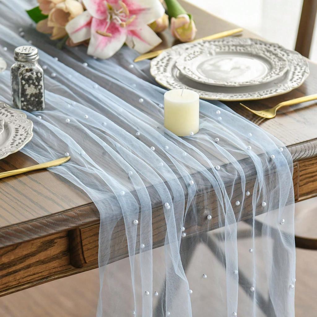 Luxurious Pearl Tulle Table Runner, 120 Inches Seasonal Tulle Table Decoration Suitable For Holidays Weddings  Birthdays  Family Gatherings.