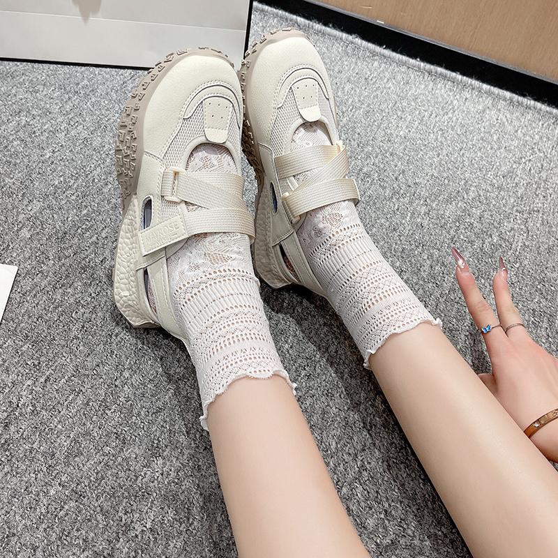 

Fashion 2025 Summer New Mary Jane Retro Ugly Women s Shoes Mesh Cloth Tire Thick Bottom Hollow Sports Sandals Anti-slip Wear Sneakers 35 бежевый
