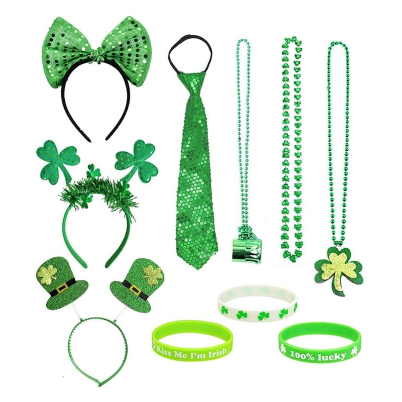 Leprechaun Tie Bracelet Headband Shamrock Necklace Headwear Necklace Photo Props Irish Day Party Cosplay Accessories 1