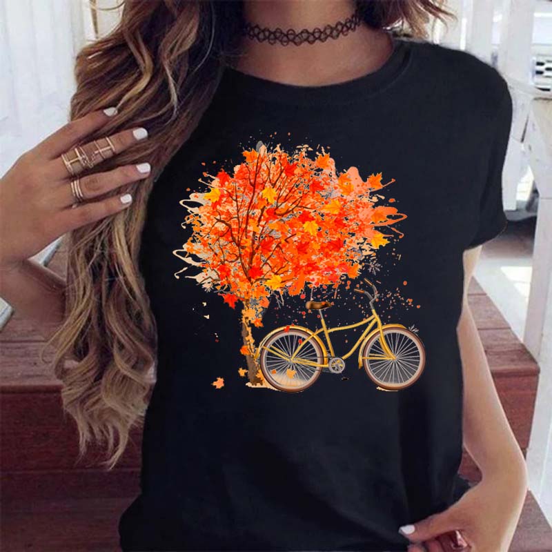 Woman Funny Bicycle Floral Print T Shirt Harajuku Women Tshirts Casual O-Neck Short Sleeves Tops Tees Shirt,Drop Shipping