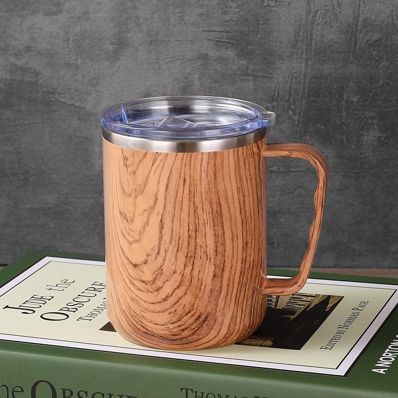 Vintage wood grain stainless steel mug, Double-layer Insulated coffee mug, Office tea cup with lid, Morning milk cup, 480ml