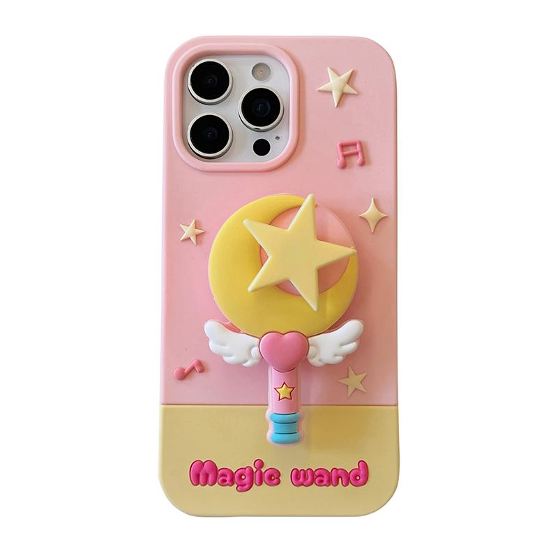 

Fashion Moon Star Magic Wand Holder Stand Silicone Phone Case For iPhone 16 Pro Max 15 13 14 Cartoon Back Cover With Bracket iPhone 16 Pro