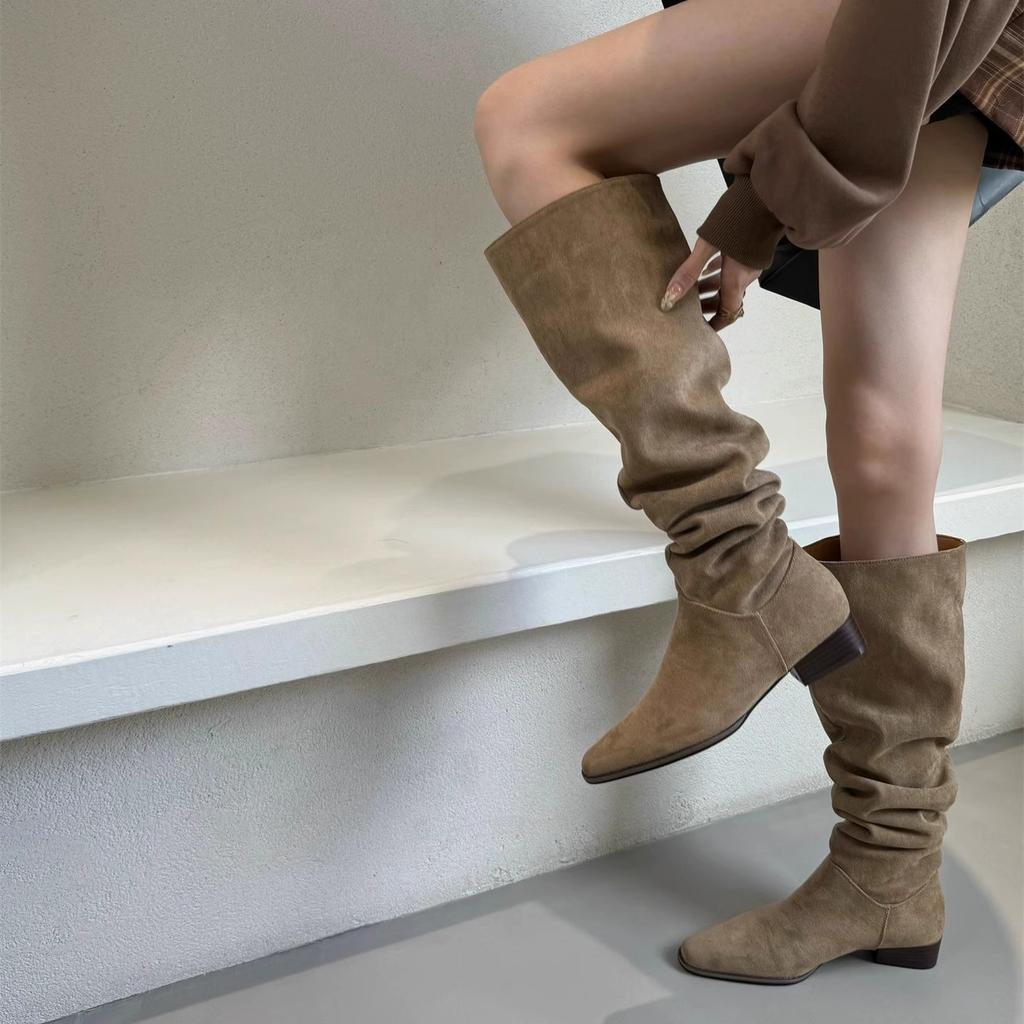 Coarse Heel Suede Over Knee Boots Pile Boots Women's Shoes 2025 Fall/Winter Khaki Skinny Boots Knight Boots