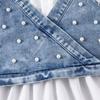 Sommer Kinder Revers Blase Kurzarm Shirt Kleid Denim Perle Weste Mädchen Anzug