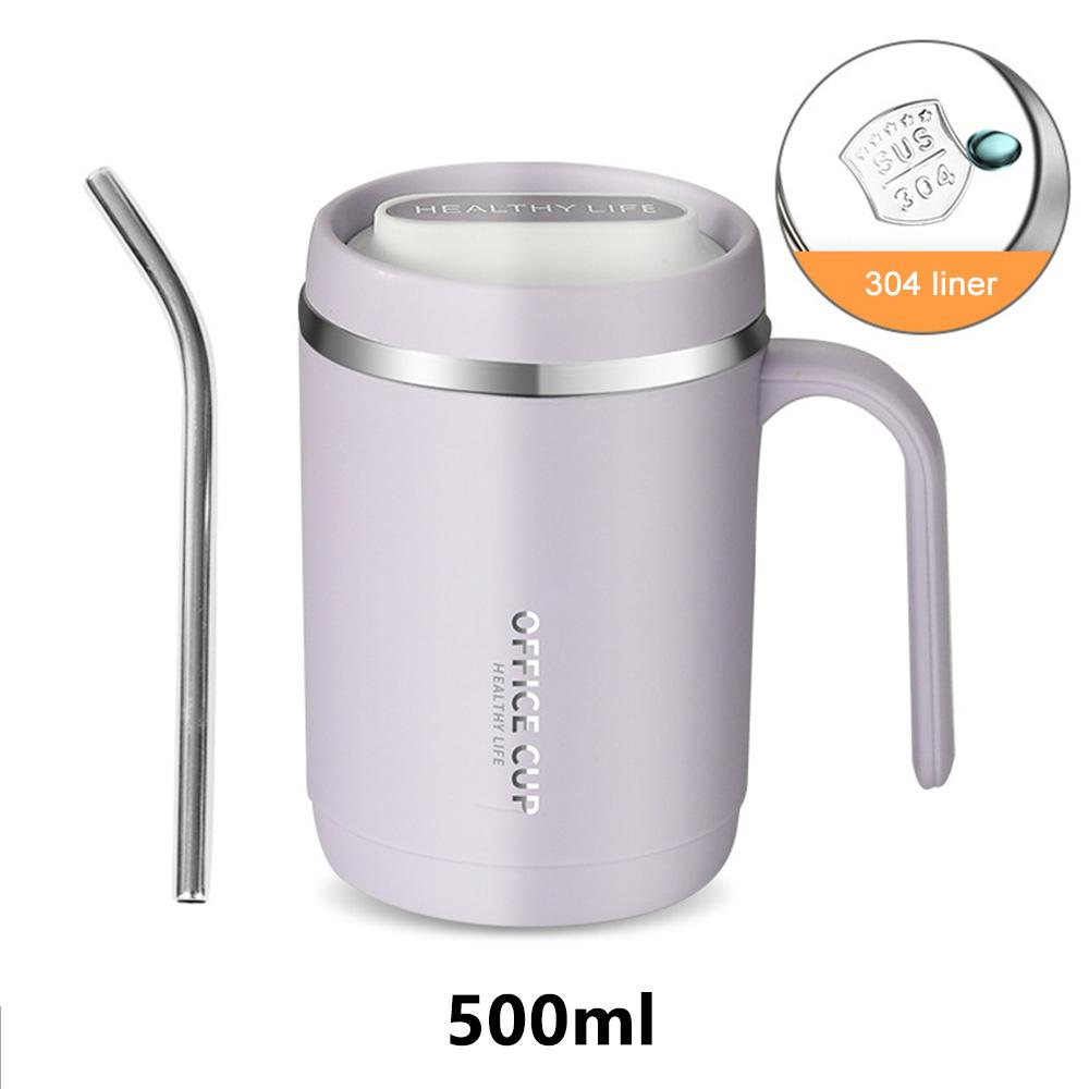 

500 мл стакан с крышкой и трубочкой бутылка для воды с вакуумной изоляцией кружки кофейные чашки термос из нержавеющей стали кружка для молока кофейная чашка 500ML фиолетовый