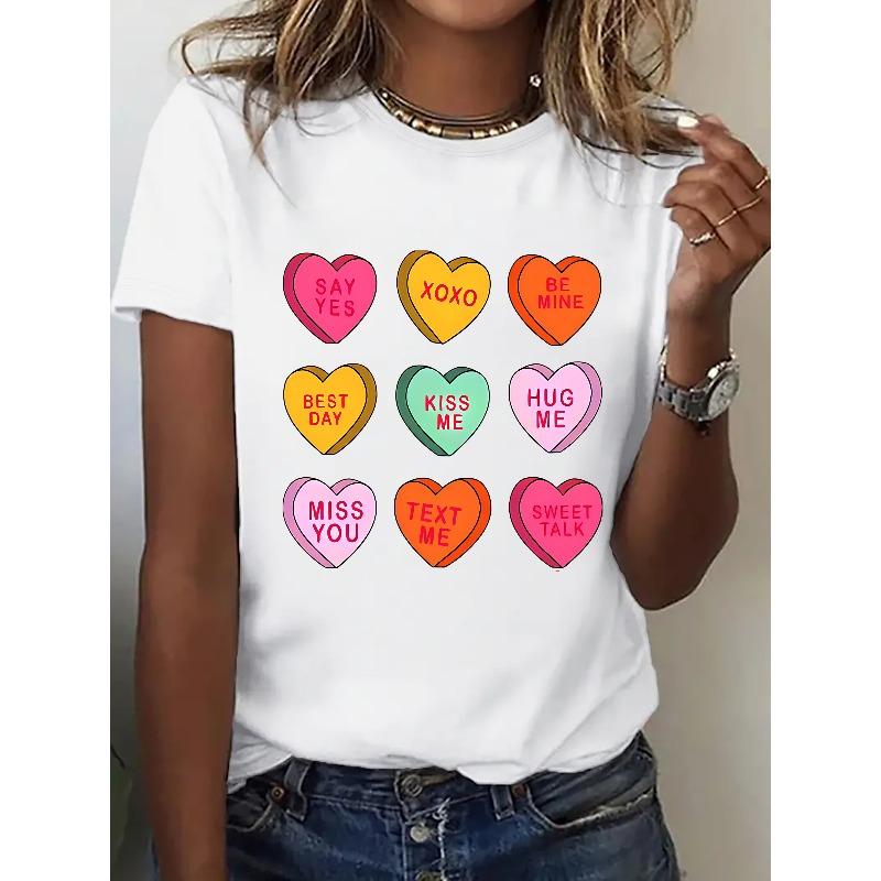 European size Women'S Casual Crew Neck T-Shirt with Playful Heart Print - Soft Stretch Fabric, Comfortable All-Season Tee for Casual Attire