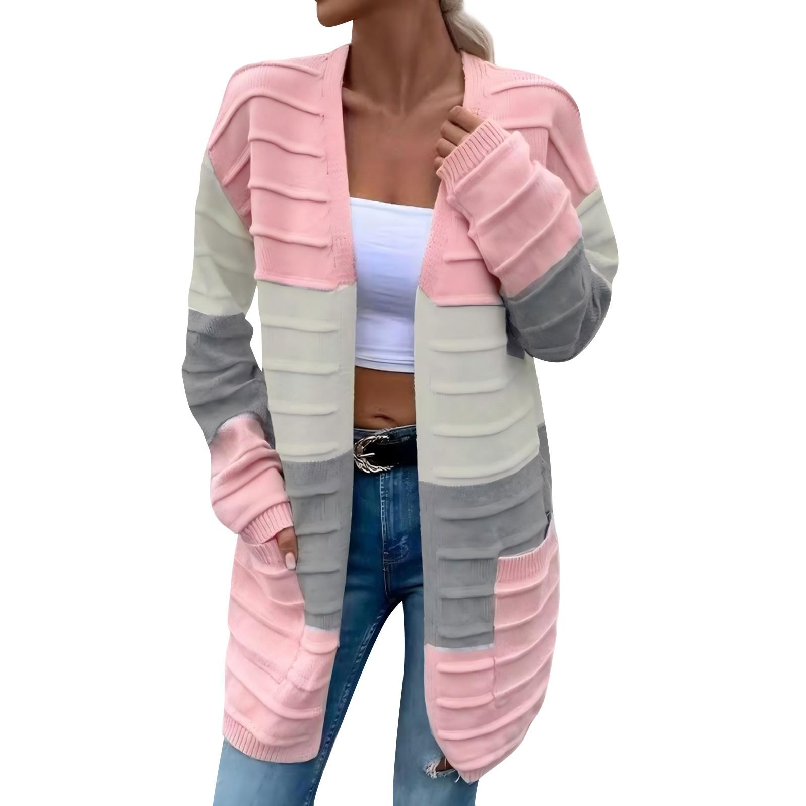 

Вязаный кардиган с карманами, длинный однотонный женский свободный свитер S розовый