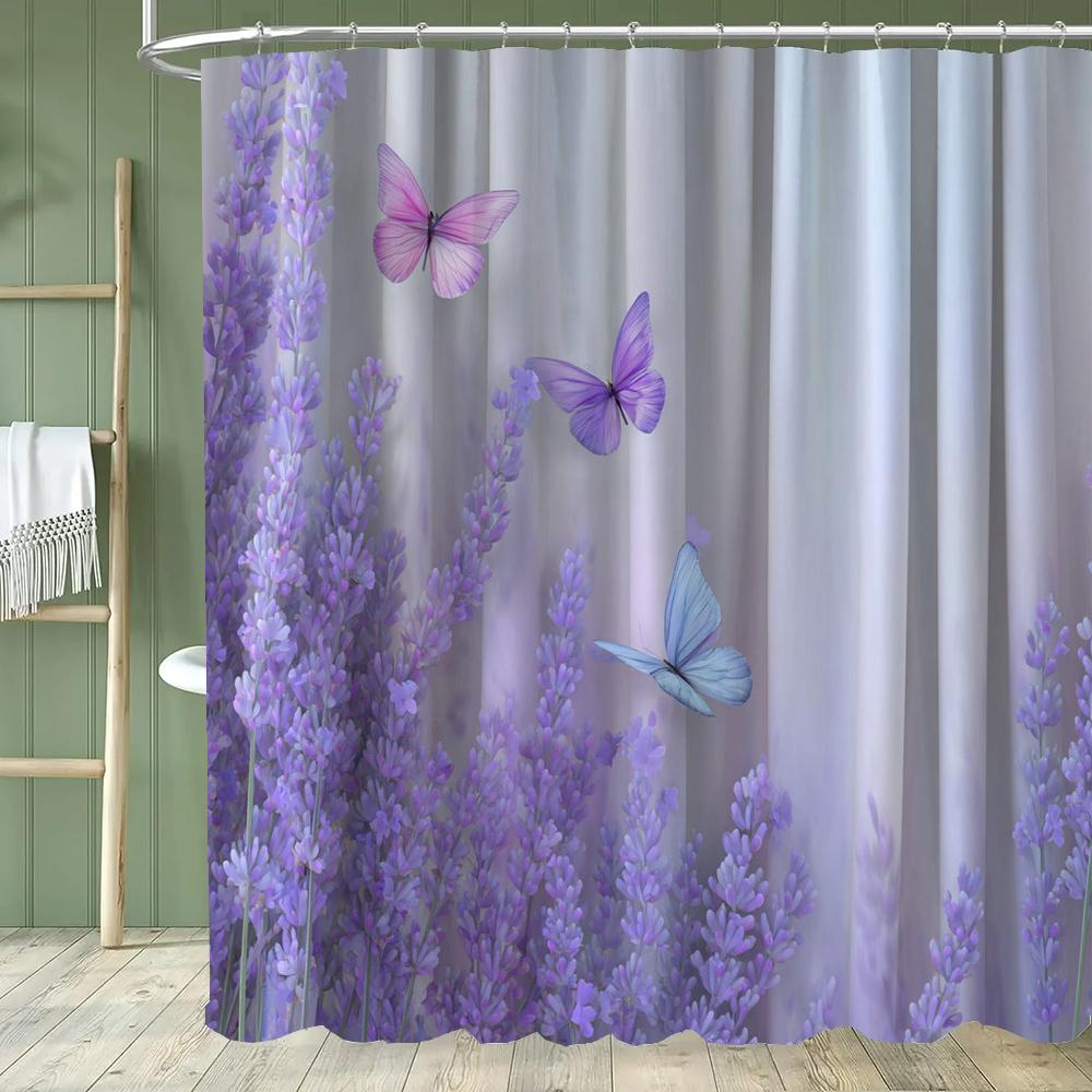 Purple Lavender Butterfly Pattern Shower Curtain,Flowers Bathroom Decorative Shower Curtain, Print Polyester Curtain With Hooks