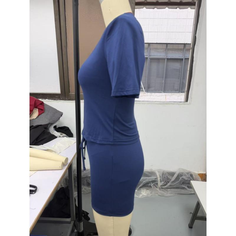 Women Solid Short Sleeve Round Neck T Shirt And Shorts Casual Two Piece Set