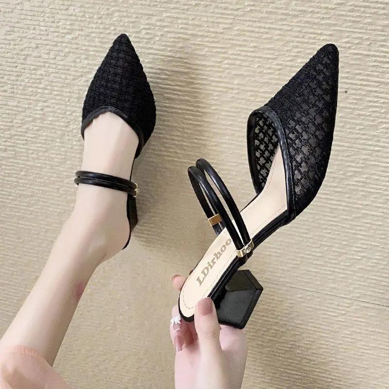 Fashion With Medium Heels Pointed Toe Sandals for Women Sales 2025 Luxury Woman Shoes On Sale Vintage New Breathable Fashion Footwear