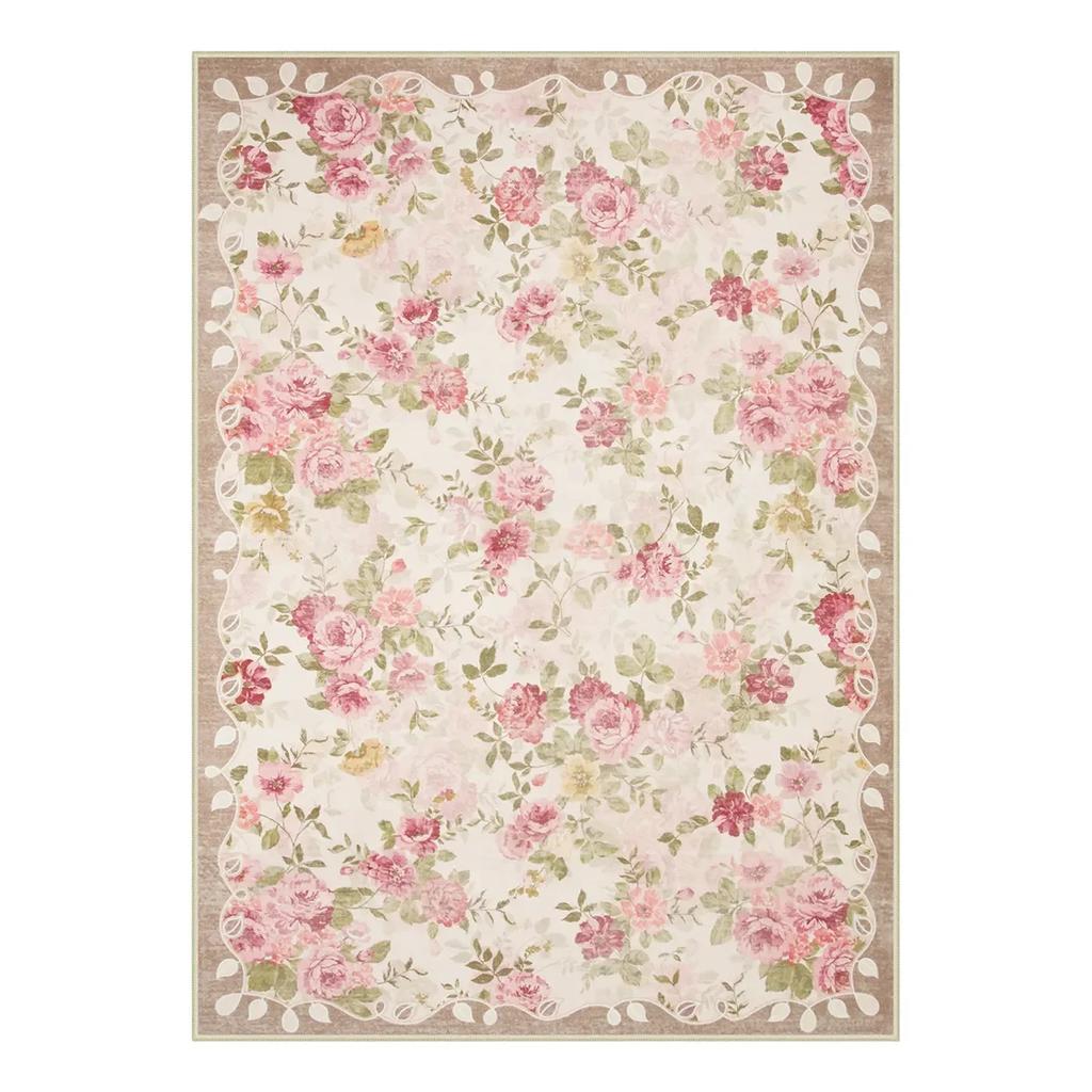 Vintage Rose Garden Area Rug – Romantic Shabby Chic Pink Botanical Carpet for Living Room Bedroom, Soft Floral Accent Mat
