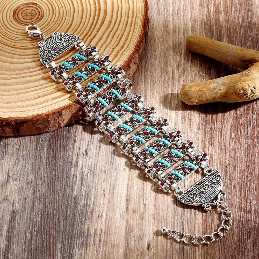 Nepalese Ethnic Style Retro Antique Silver Color Alloy Hollow Rhinestone Crystal Gems Bracelet For Women Daily Wear Accessories