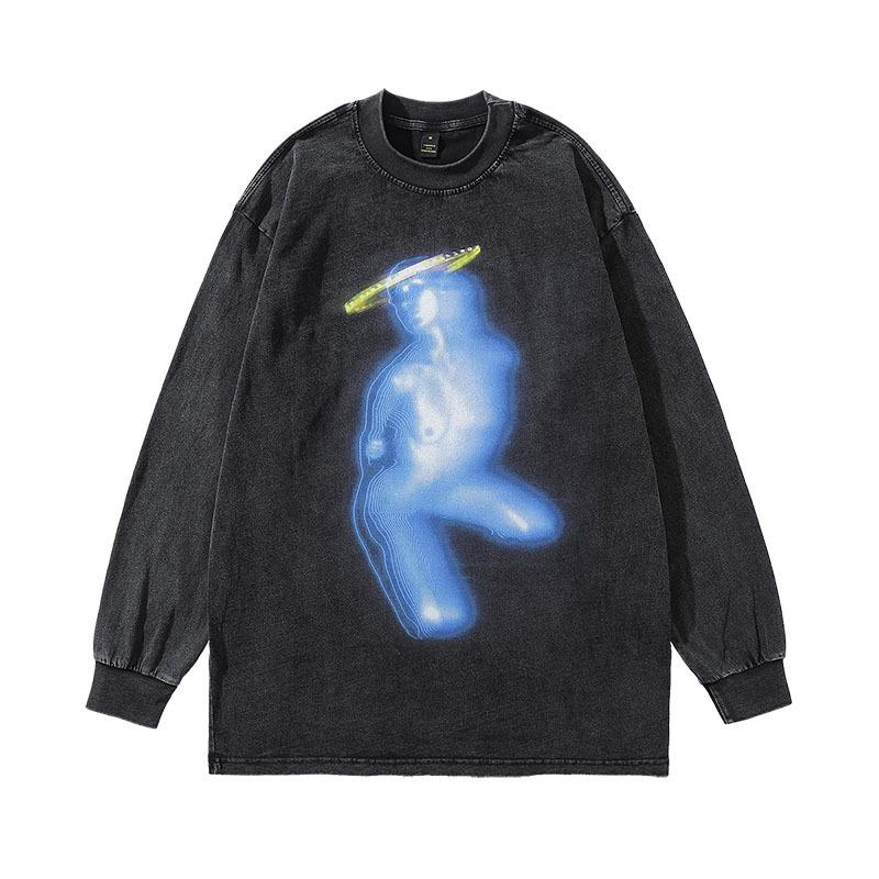High Street Printed Sweater Ins American Retro Trendy Brand Washed Old Oversize Cotton Long Sleeve T-Shirt Men
