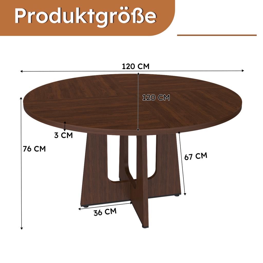 Modular Round Dining Table, 120 Cm Diameter, 76 Cm Height, MDF with Walnut Veneer, Space for 4 People – for Dining Room, Kitchen and Living Room