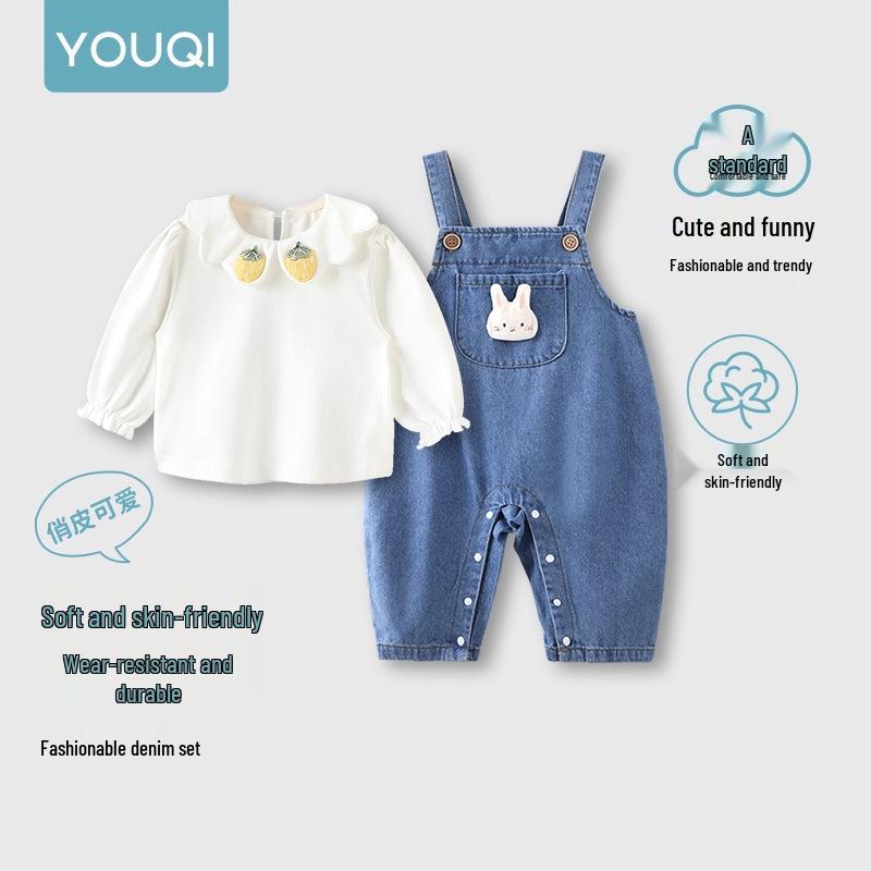 Youqi Autumn 2025 Denim Baby Girl Pants Set: Two-Piece Outdoor Wear