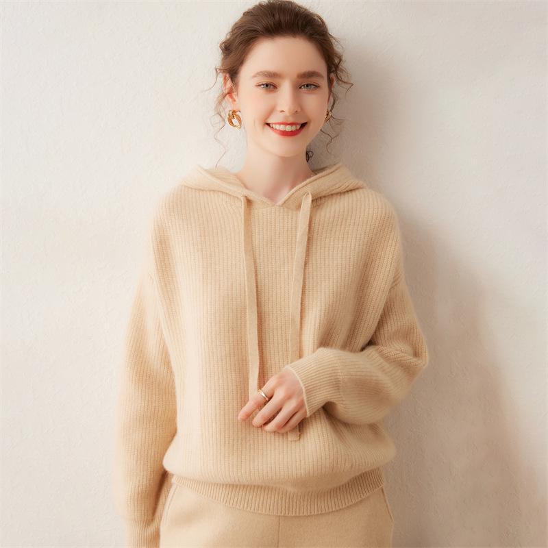 Lekasha Women's Cashmere Goat Wool Loose Knit Base Layer Pullover Warm Hoodie