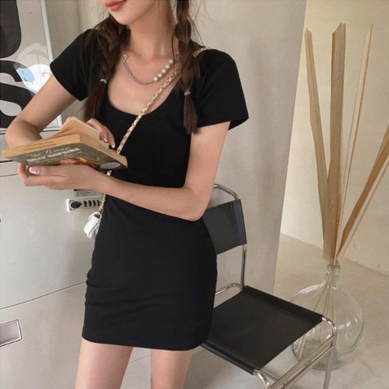 Summer U-neck Short Sleeve Dress for Women New Fashion Elegant High Waist Thin Casual Bodycon Dresses Female Solid Color Simple Party Short Dress 3595