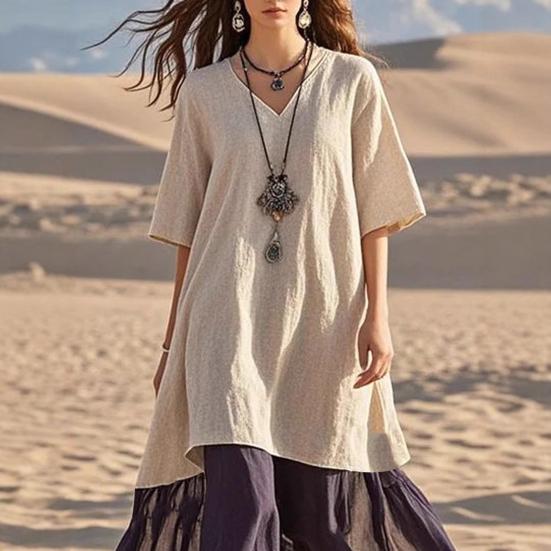 Vestito estivo da spiaggia per le vacanze, con maniche corte, stile boho patchwork, da donna