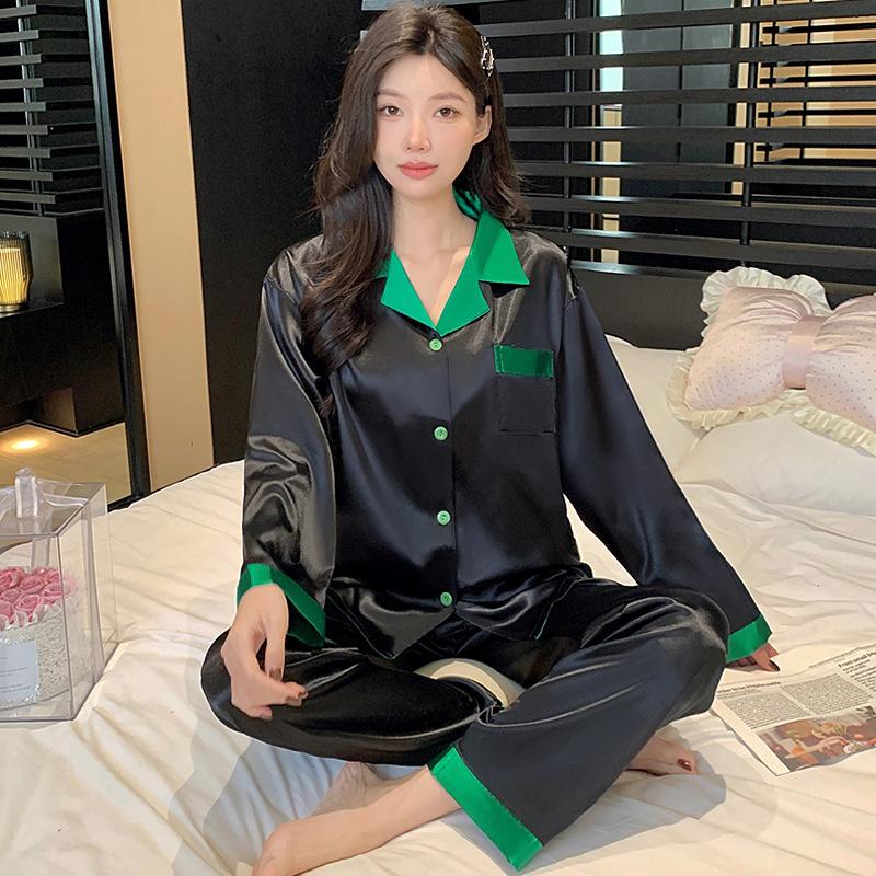 French Cute Cat Ice Silk Pajamas Women'S Spring And Autumn Sweet Wind Cool Long-Sleeved Loungewear Suit Can Be Worn Outside