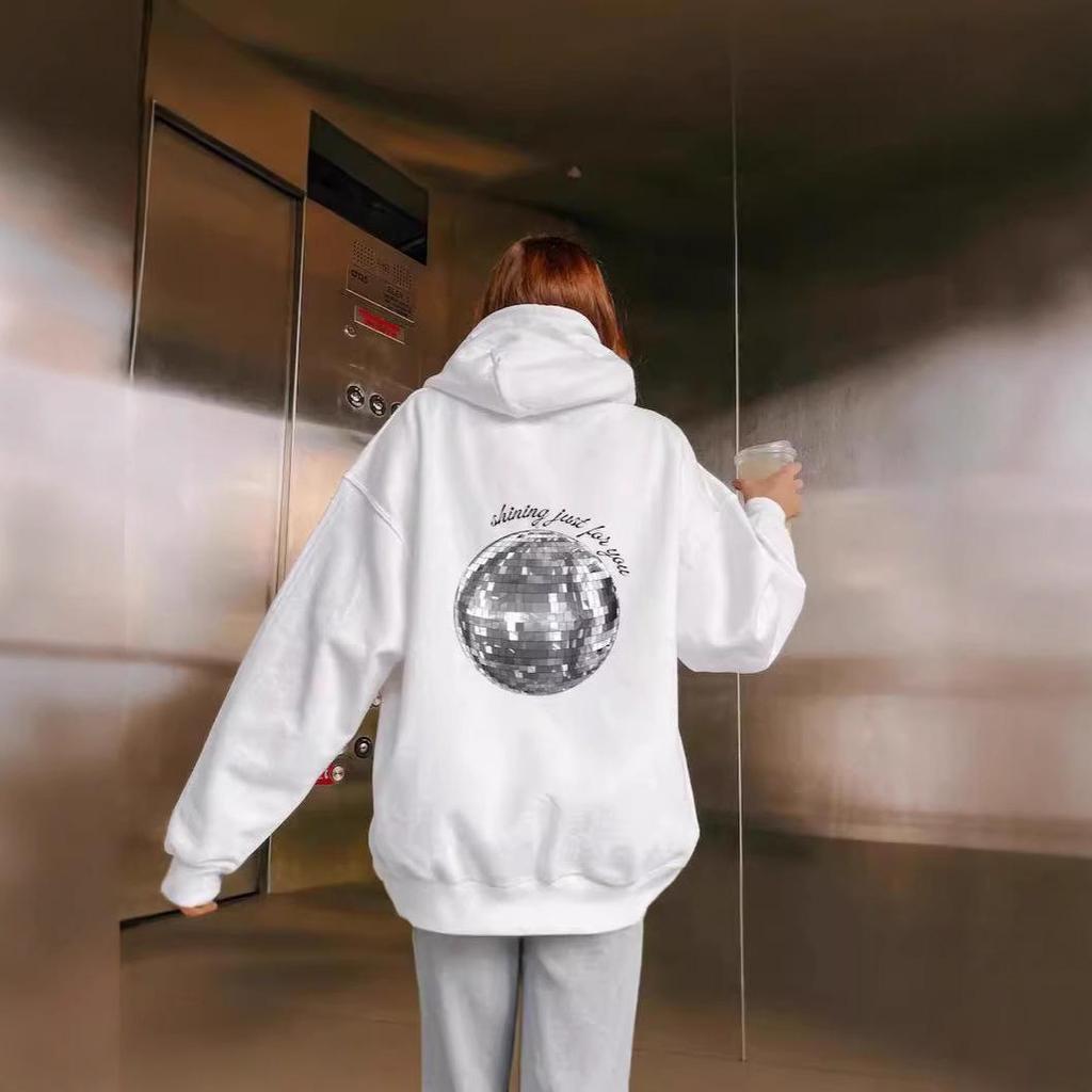 2024 Women's European Size Ribbed Drop Shoulder Embroidered Diskokugel Hoodie Sweater.