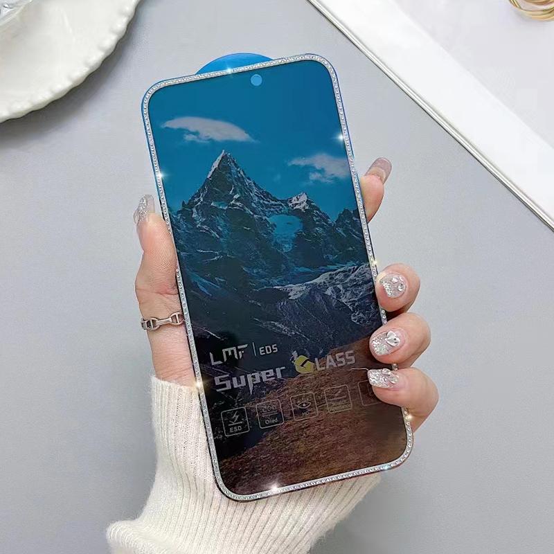 Luxury Glitter Diamond Tempered Glass Film For iPhone 15 14 13 12 11 Pro Max 14 15 Plus Anti Glare Screen Protector Film Guard