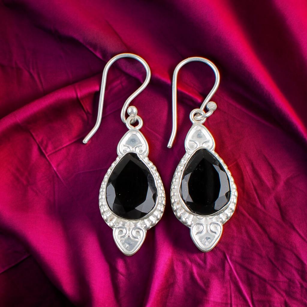 Pierre Précieuse Onyx Noir Argent 925 Poinçonné Bijoux Boucles d'Oreilles Fait Main 1.80" Pour Cadeau EE-42-13
