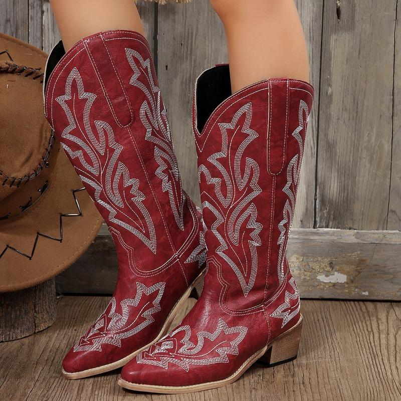 Autumn and winter large size thick heel middle heel embroidered sleeve western cowboy boots high leather boots women's boots