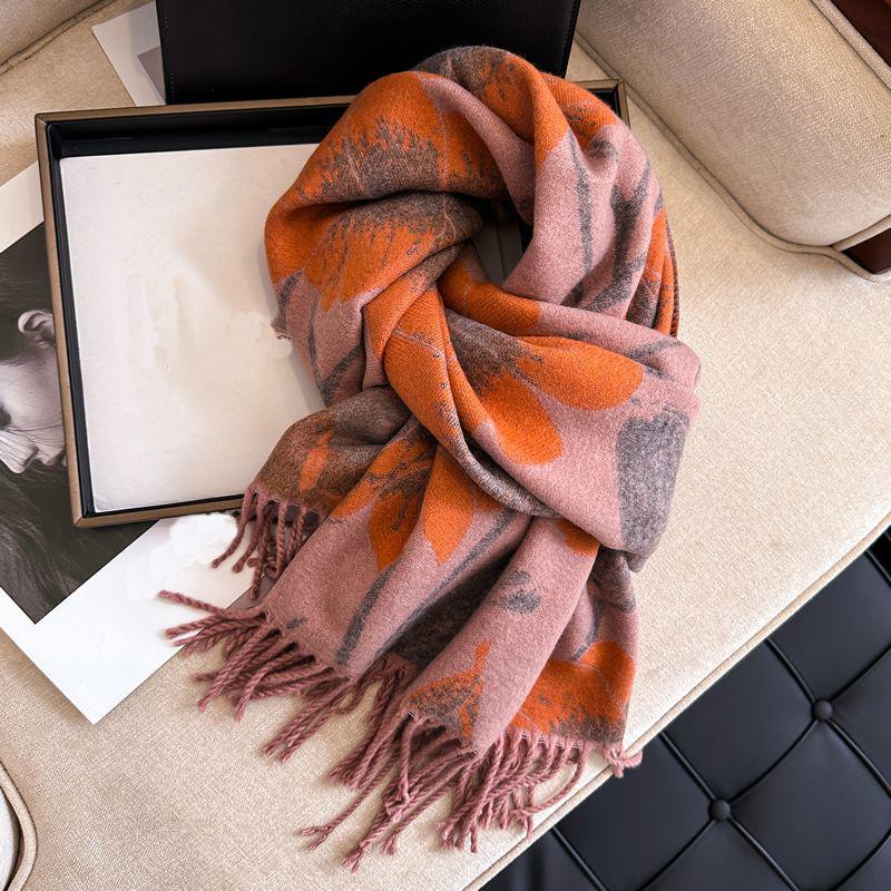 Elegant Women's Double-Sided Cashmere-Feel Scarf Shawl for Autumn & Winter - Thick, Warm, Dual-Use Neck Protection.
