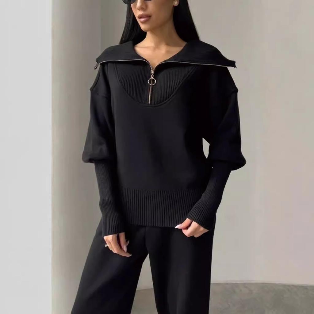 Women's Fall/Winter Elegant Casual Solid-Color Two-Piece Set: Half-Zip Sweatshirt + Sweatpants