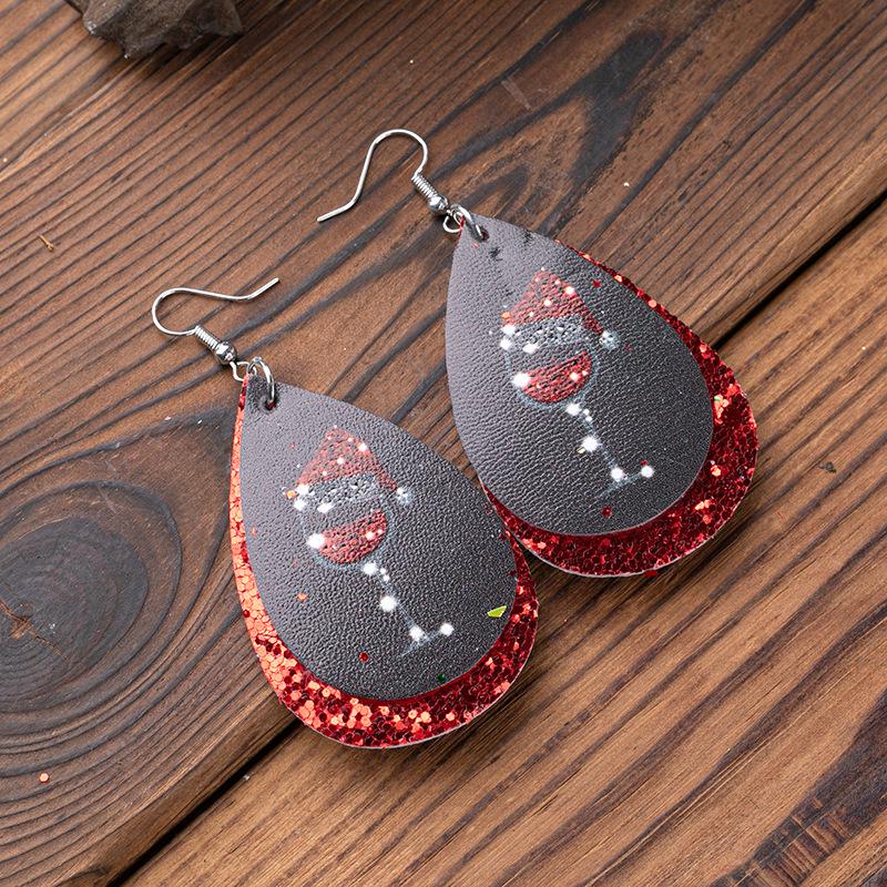 Christmas Double-Layer Wine Glass Leather Earrings In Stock