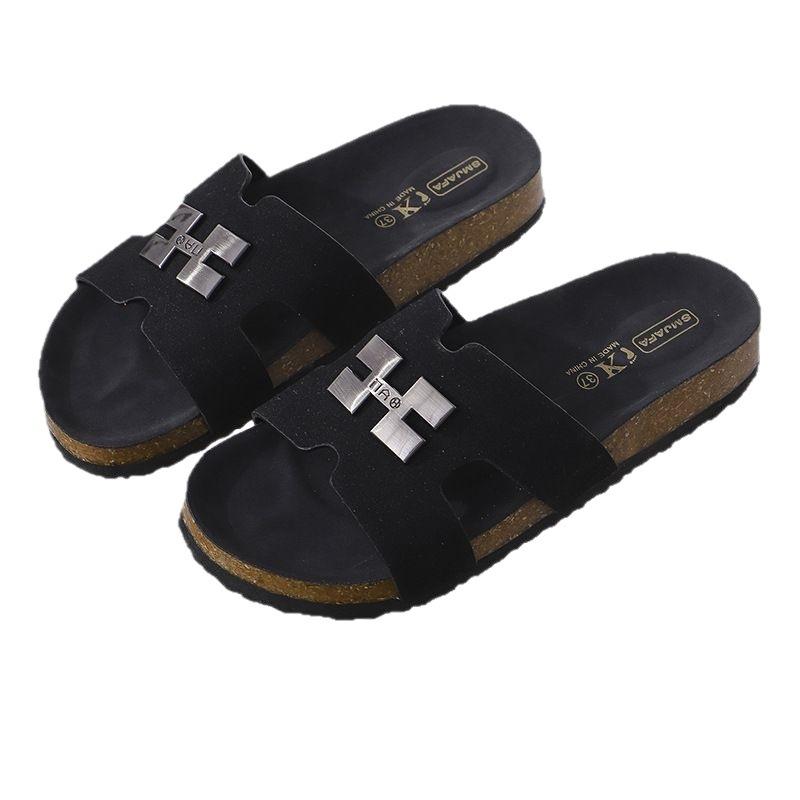 Summer H slippers soft-soled integrated loafers one-word slippers European and American large size one-pedal women's versatile shoes